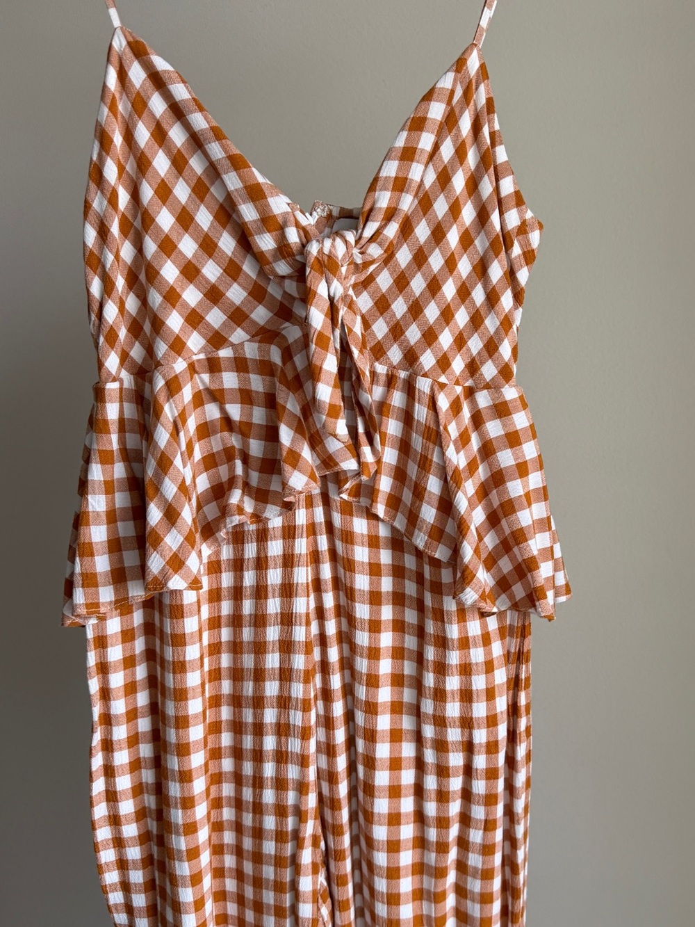 Saylor x Anthropologie Laken Gingham Ruffle Jumpsuit Apricot White Small - Picture 3 of 13
